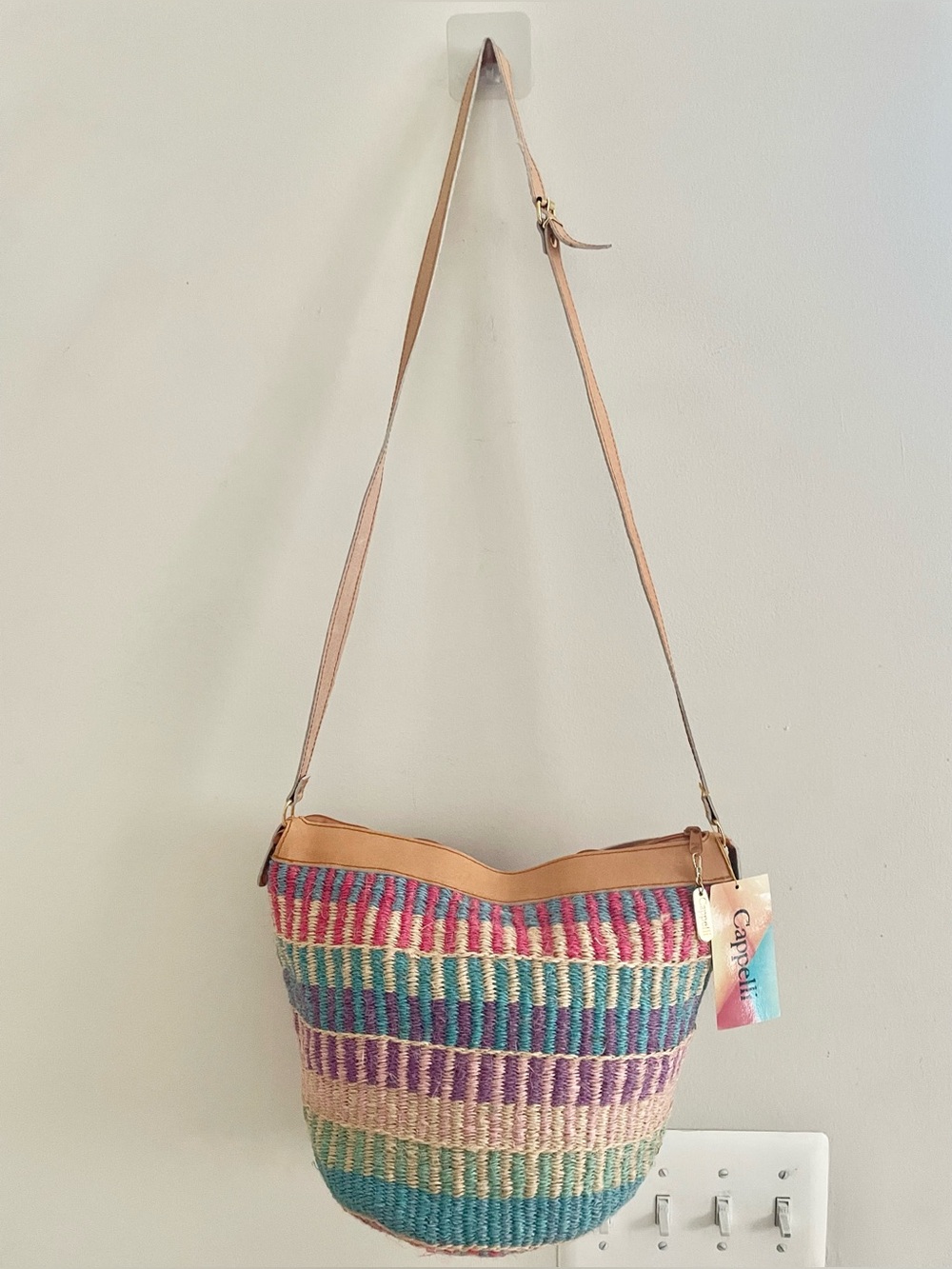 NWT- Capelli Multicolor Woven Straw Shoulder Bag with Tan Strap - Picture 2 of 12
